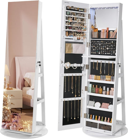 360° Swivel Jewelry Armoire, Standing Jewelry Organizer with Full Length Mirror
