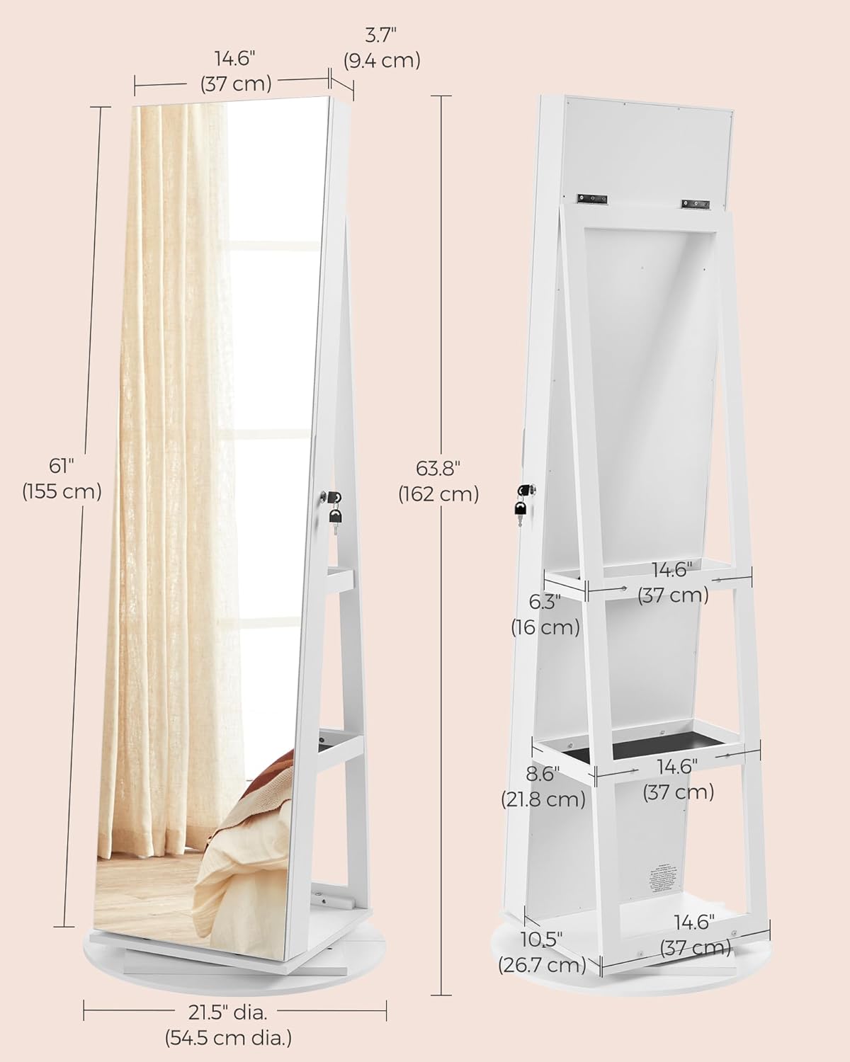 360° Swivel Jewelry Armoire, Standing Jewelry Organizer with Full Length Mirror