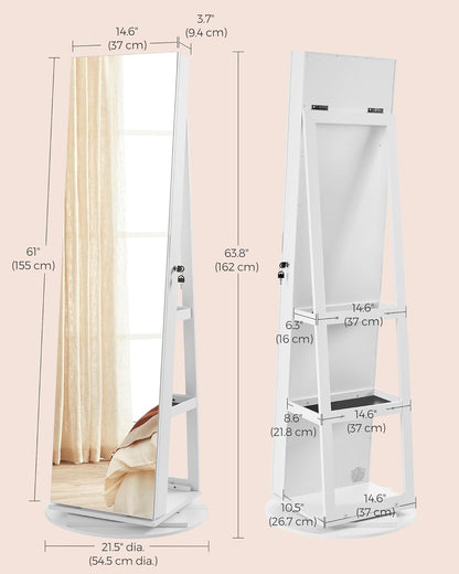 360° Swivel Jewelry Armoire, Standing Jewelry Organizer with Full Length Mirror