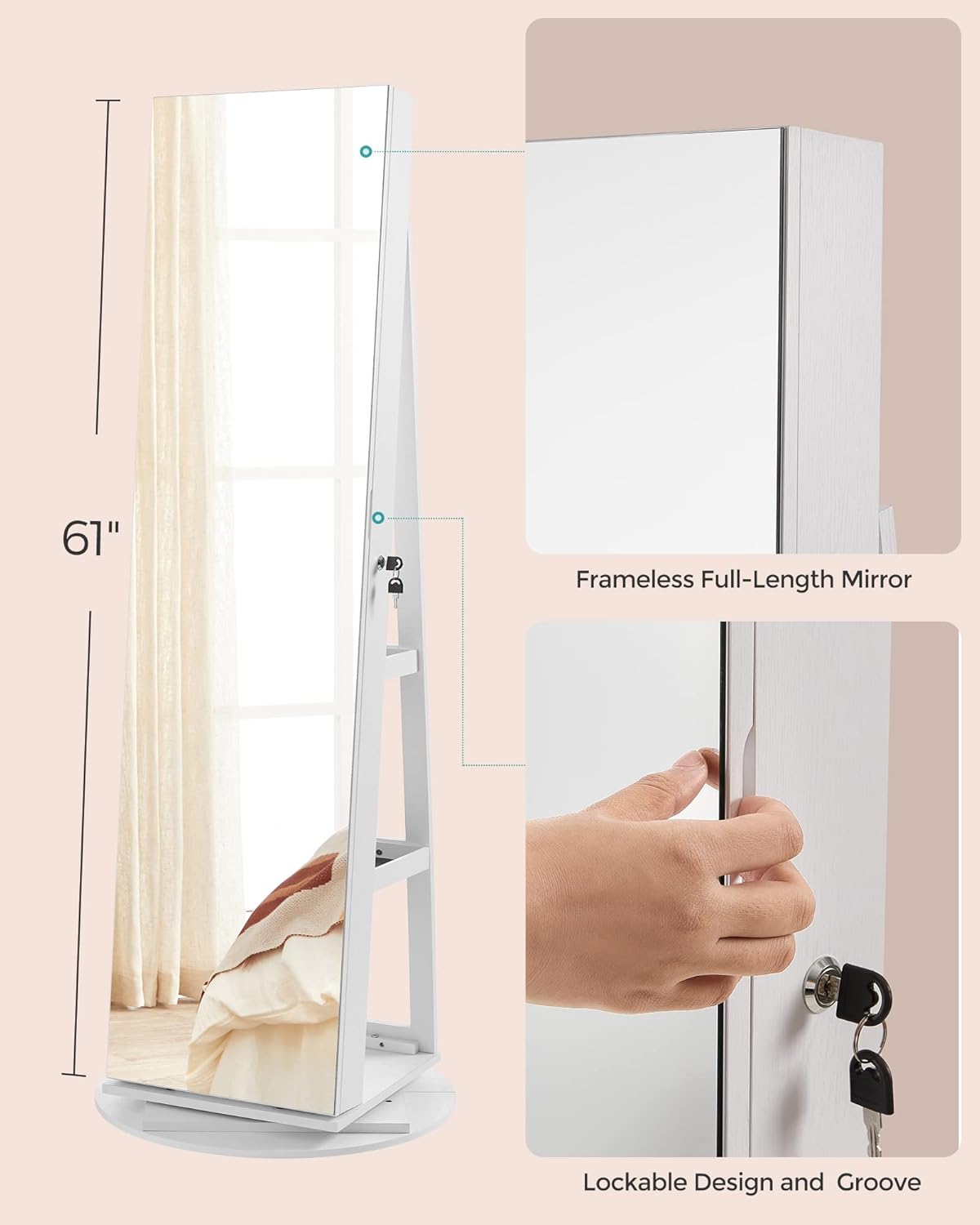 360° Swivel Jewelry Armoire, Standing Jewelry Organizer with Full Length Mirror